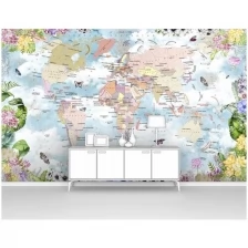 Фотообои на стену первое ателье "Карта мира в цветочной рамке" 400х250 см (ШхВ), флизелиновые Premium