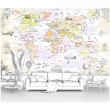 Фотообои на стену для детей и подростков первое ателье "Карта мира с дирижаблями и воздушными шарами" 400х250 см (ШхВ), флизелиновые Premium