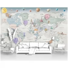 Фотообои на стену для мальчиков и девочек первое ателье "Карта мира с достопримечательностям и планетами" 400х260 см (ШхВ), флизелиновые Premium