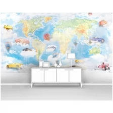 Фотообои на стену в детскую первое ателье "Физическая карта мира с машинками" 400х280 см (ШхВ), флизелиновые Premium