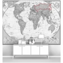 Фотообои на стену первое ателье "Карта мира в черно-белом цвете с обведенной красным контуром Россией" 300х220 см (ШхВ), флизелиновые Premium