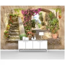 Фотообои на стену первое ателье "Старинная узкая европейская улочка с цветами в горшках и лестницей" 400х270 см (ШхВ), флизелиновые Premium