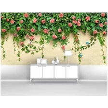 Фотообои на стену первое ателье "Цветущие лианы с розами и зелень на стене " 300х150 см (ШхВ), флизелиновые Premium
