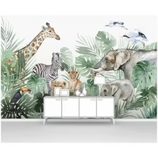 Фотообои на стену первое ателье "Акварельные джунгли с дикими африканскими животными" 400х260 см (ШхВ), флизелиновые Premium